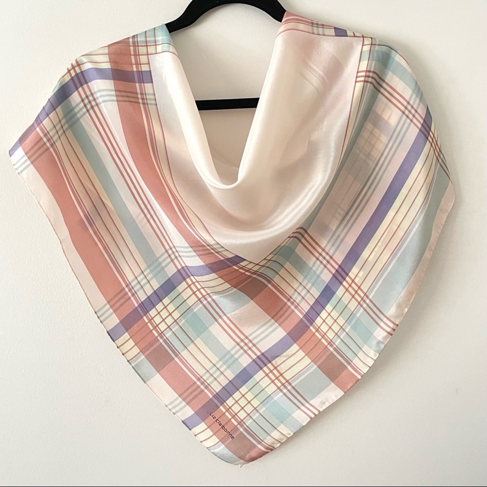 Liz Claiborne 100% Silk Plaid Pastel Colors Chiffon Square Scarf 30" x 30”
